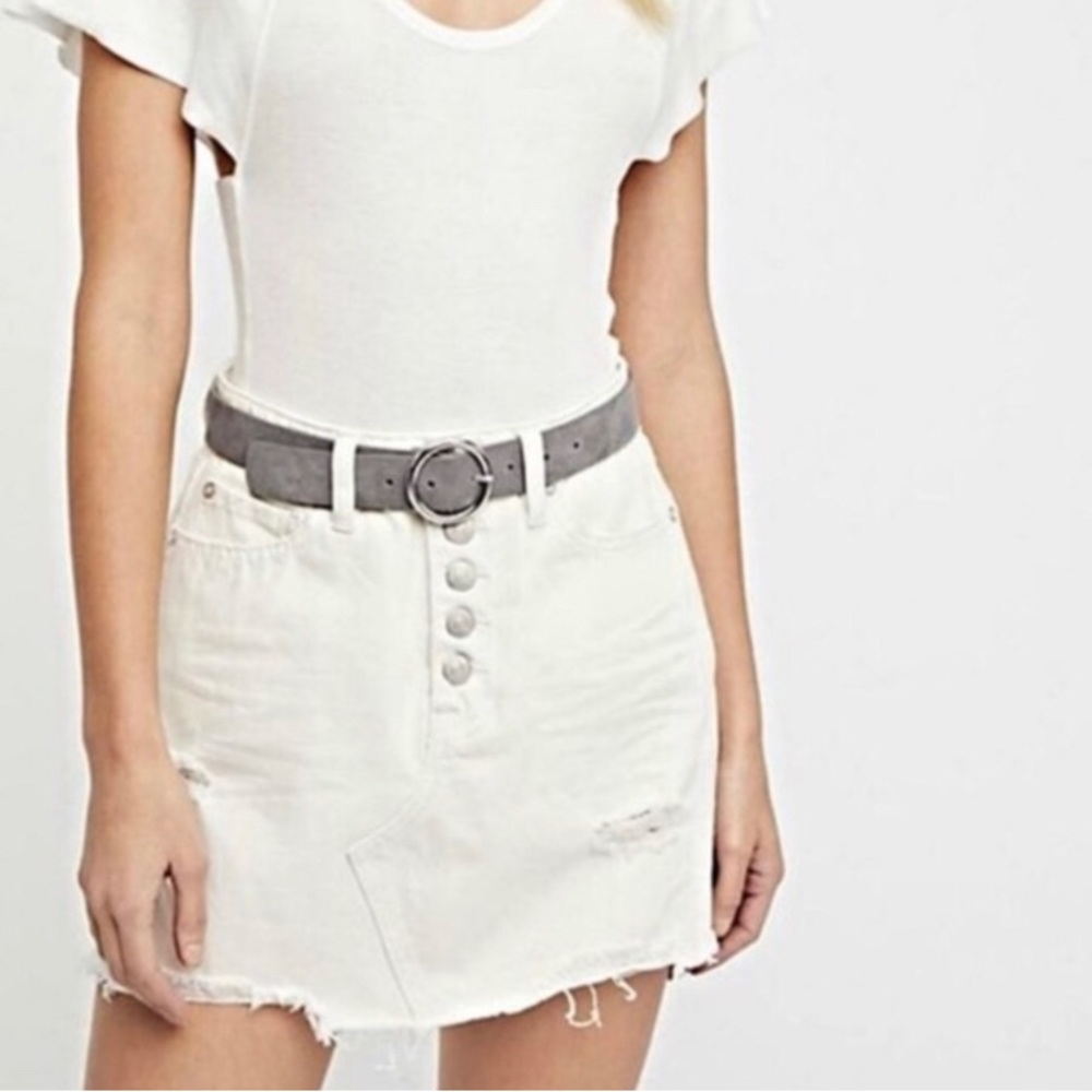 Free People bone white denim mini skirt.